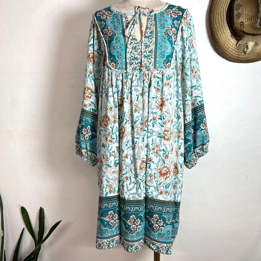 TEMOFON Boho Floral Paisley Tunic Dress Teal Blue Size XL Peasant Flowy Gypsy